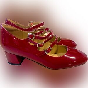 Red Three Strap Low Block Mary Jane Heels